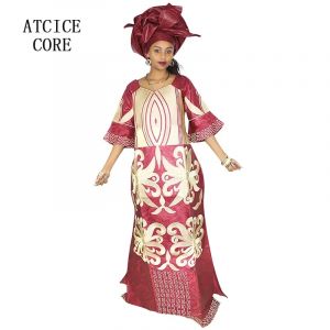 Robe africaine longueur au sol avec écharpe pour femme, motif de broderie, Bazin Riche