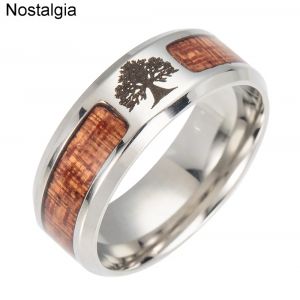 Arbre de vie Yggdrasil anneau en acier inoxydable avec bois incrusté Wicca sorcellerie accessoires