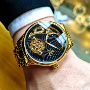 AOKULASIC or squelette montre pour hommes rétro Phase de lune Tourbillon automatique montres