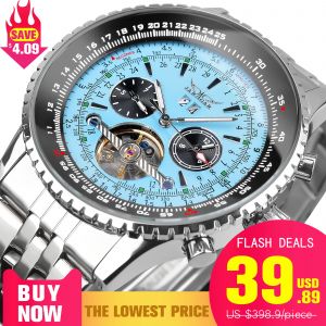 Jaragar montre mécanique automatique pour hommes mode Tourbillon cadran bleu affichage de la Date