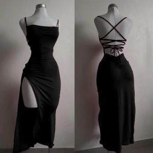 Robe longue à lacets, dos nu, Sexy, fendue, sans manches, moulante, fête, Club, Robes de soirée,
