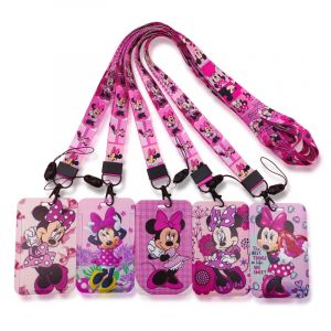 Disney-Porte-badge rose avec lanière, étui pour carte de crédit, sangle de cou, porte-cartes Minnie,