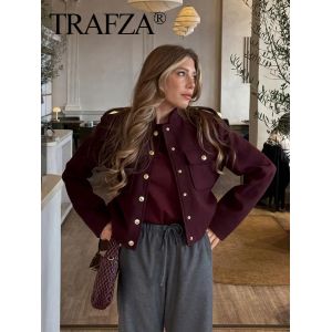 TRAFZA femmes Vintage vin rouge manteau col rond à manches longues simple boutonnage veste avec