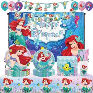 Décor de fête princesse sirène Disney Ariel, vaisselle d'anniversaire pour filles, assiette en