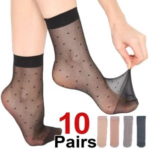 Chaussettes transparentes &agrave; pois noirs, &eacute;lastiques Ultra-fines pour femmes, chaussettes en soie
