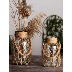 Vase en verre suspendu rustique, filet de corde, fleur sèche, avec corde de chanvre artistique,