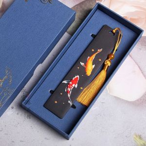 Marque-page en bois de carpe Koi peinte rétro de Style chinois, pendentif à pompon, marque de livre