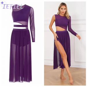 Costume de danse lyrique moderne, patinage sur sc&egrave;ne, d&eacute;coupe, Patchwork, fente lat&eacute;rale, maille