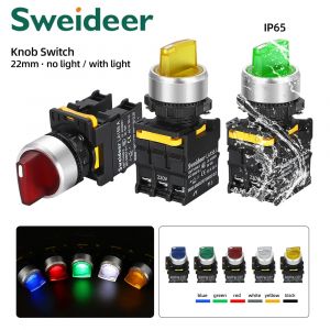 Interrupteur &agrave; bouton-poussoir rotatif avec lumi&egrave;re LED, 22mm, 1NO/2NO/1NO1NC, 2/3 positions,
