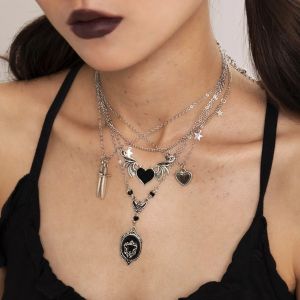 Collier pendentif coeur noir épée ailes de démon gothique pour femme, unique, argent, document, lien
