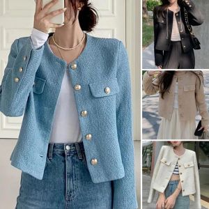 Veste courte en tweed à col rond pour femme, manteau à manches longues, veste d'extérieur, automne,