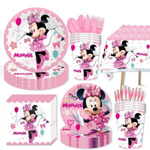 Décoration de fête d'anniversaire Minnie Mouse pour filles, vaisselle jetable, gobelets, assiettes,
