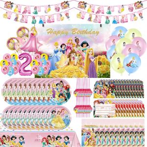 Décorations de fête princesse Disney, assiettes en papier, gobelets, serviettes, nappe, bannière,