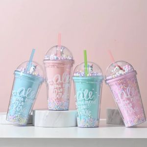 Gobelet licorne mignon Kawaii de 500ml, avec paille, bouteille d'eau &agrave; Double paroi en plastique PP,