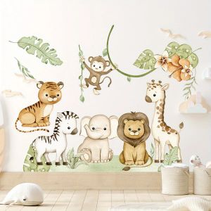 Autocollants muraux de feuilles d'éléphant, Lion, singe, dessin animé, papier peint pour chambre