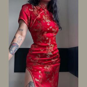 Nouveau Style chinois robe Jacquard Satin Cheongsam femmes Sexy fendu Qipao traditionnel boutonné