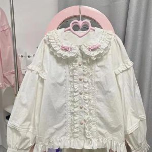 Printemps Blouse femmes japonais Kawaii mignon dentelle Patchwork col claudine chemise Vintage doux