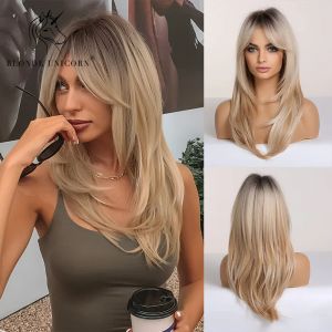Perruque synthétique licorne Blonde, mi-longue, lisse, brune, Blonde, pour femmes, Cosplay, fête