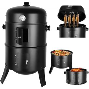 Gril à charbon de bois 3 en 1 pour barbecue, baril de fumeur avec thermomètre, baril de fumeur 3 en