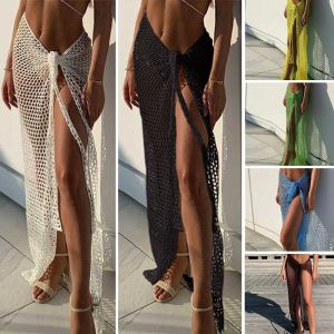 Nouveauté femmes tricot Crochet évider couvrir couleur unie robe de plage Sexy jupe portefeuille