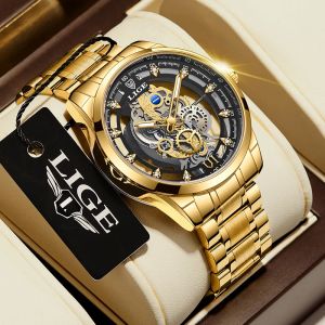 LIGE – montre à Quartz automatique pour hommes, squelette doré, Vintage, marque de luxe, 2024