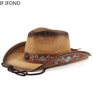 Chapeau de paille de Cowboy occidental Vintage, chapeau de soleil Panama r&eacute;tro &eacute;l&eacute;gant, casquette de