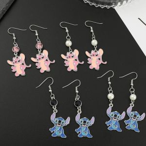 Boucles d'oreilles dessin animé Lilo & Stitch, pendentif en cristal, point d'ange Kawaii, en émail,