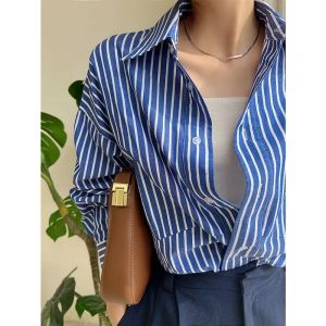Chemise à rayures bleues, chemisier en mousseline de soie pour femmes, hauts d'été Chic, chemise