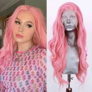 Perruque Lace Frontal Wig synthétique Body Wave, perruque rose résistante à la chaleur, perruque