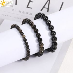 CSJA Reiki Bracelet en obsidienne dor&eacute;e naturelle pour homme 6/8/10MM bracelet &eacute;nerg&eacute;tique &eacute;lastique