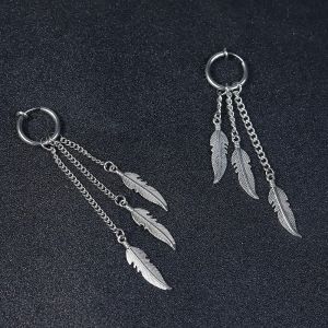Hommes Punk acier inoxydable boucle d'oreille boucles d'oreilles plume gland longue chaîne pendentif