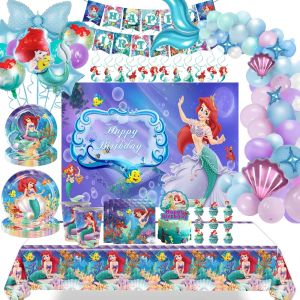 Vaisselle jetable pour fête d'anniversaire, princesse sirène Disney Ariel, assiettes en papier,