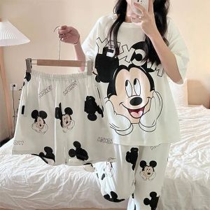 Ensemble pyjama Disney Mickey pour femmes, 3 pièces, Short à manches courtes, vêtements de nuit, col