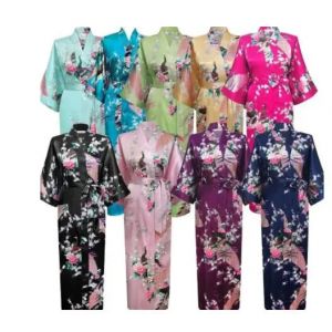 Peignoir kimono imprimé floral et paon pour femme, robe longue chinoise, robe de mariée, demoiselle