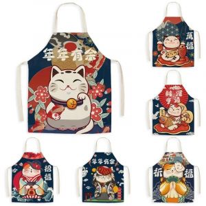 Tablier en lin japonais imprimé chat de dessin animé, bavoir de cuisine résistant à l'huile pour le
