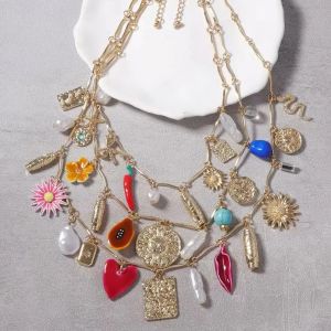 ZAA-Collier pendentif pompon fleur de piment multicouche, mignon, salle