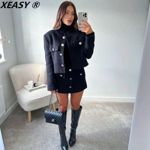 XEASY – ensemble veste en Tweed pour femme, ensemble deux pièces, jupe, mode femme, noir, simple