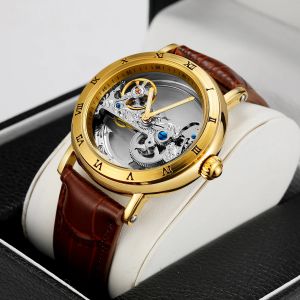 Montres m&eacute;caniques Vintage pour hommes, squelette de pont dor&eacute;, automatique, de luxe, ceinture en