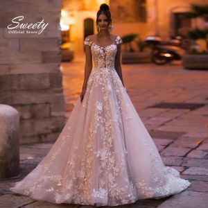 Robe de mariée en dentelle brodée avec boule trapèze, robe de mariée à col rond, paillettes