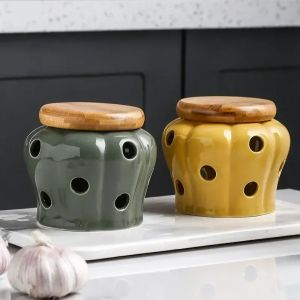 Pot de stockage d'ail en céramique ajouré creux avec couvercle, tête d'ail en forme de citrouille,