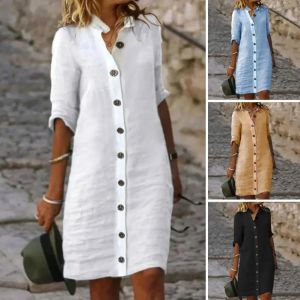 Robes élégantes pour femmes, printemps/été 2023, coton chanvre, manches courtes, longueur moyenne,