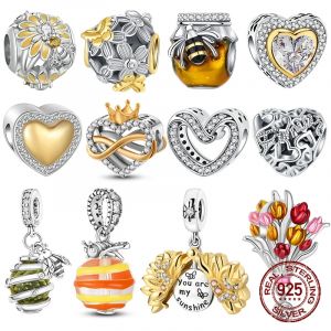 925 argent Sterling abeille pot perles d'abeille jaune marguerite fleur pendentif breloque idéal