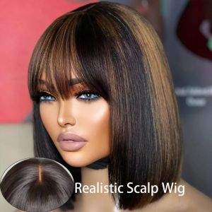 Perruque Bob Lace Wig naturelle brésilienne sans colle, cheveux courts à reflets blonds, 3x1, prêt à