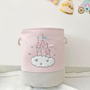 Grand panier à linge rose, panier de rangement de jouets pour enfants avec poignées en tissu