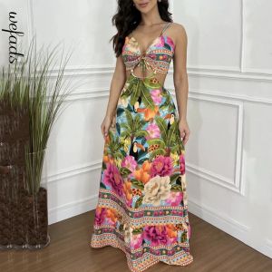 Wefads femmes robe longue été décontracté Sexy sans manches jarretelle dos nu évider à lacets