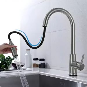 Robinet de cuisine en acier inoxydable bross&eacute;, robinet d'&eacute;vier de cuisine, robinet d'eau de cuisine