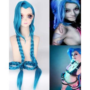 HAIRJOY Cosplay Lol Jinx 100 cm de Long bleu avec Double tresses Halloween Anime Costume perruque