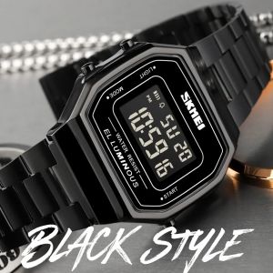 SKMEI-Montre-bracelet en acier inoxydable pour homme, décontractée, simple, étanche, rétro, LED,