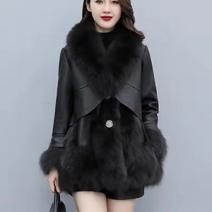 Veste d'hiver en fausse fourrure pour femme, Style mi-long, en cuir Pu, épissure de fourrure,