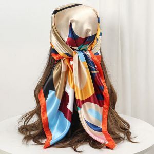 Châle en soie Satin carré Foulard pour femmes fleur Foulard femme nouveau bandeau bandes de cheveux